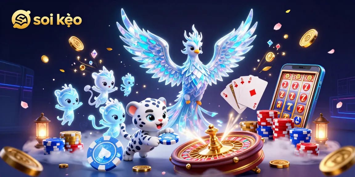 Soi kèo: Experience dynamic casino excitement with a 3D phoenix, poker chip, and enchanting sprites.