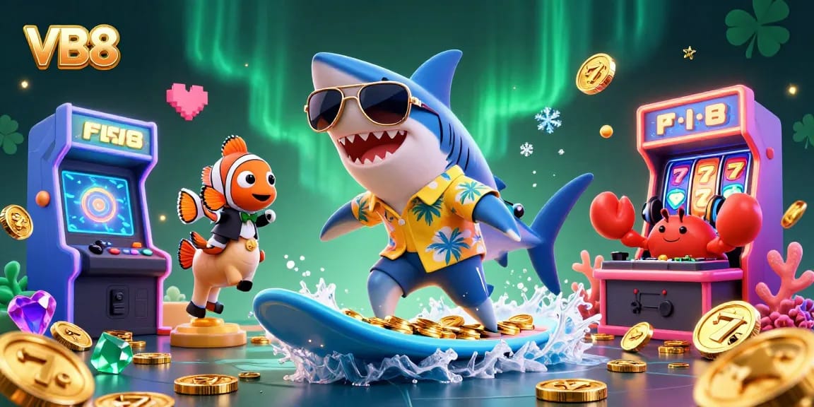 Win big with VB8's dynamic casino scene featuring a shark and vibrant elements.