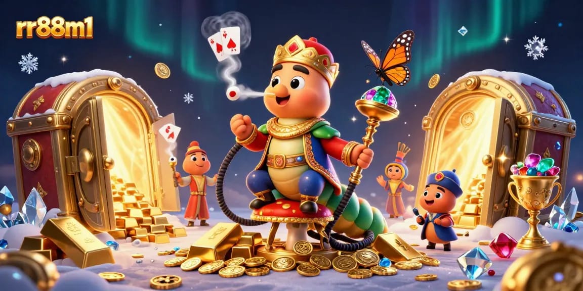 Play exciting casino games at rr88m1 with vibrant 3D illustration showcasing rich casino elements.