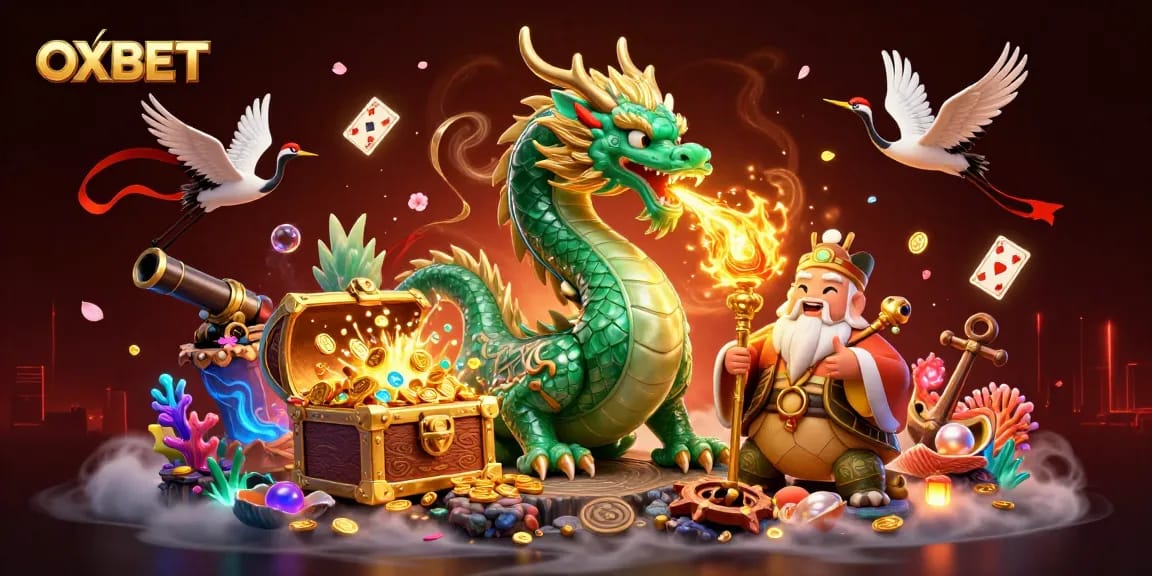 Experience thrilling gameplay at OXBET, with vibrant visuals of a dragon and golden treasures.