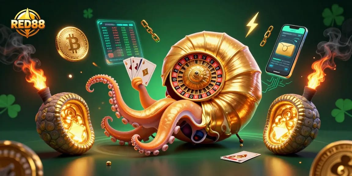 Bet on thrilling games at RED88 with dynamic 3D casino elements illustrating vibrant wins.