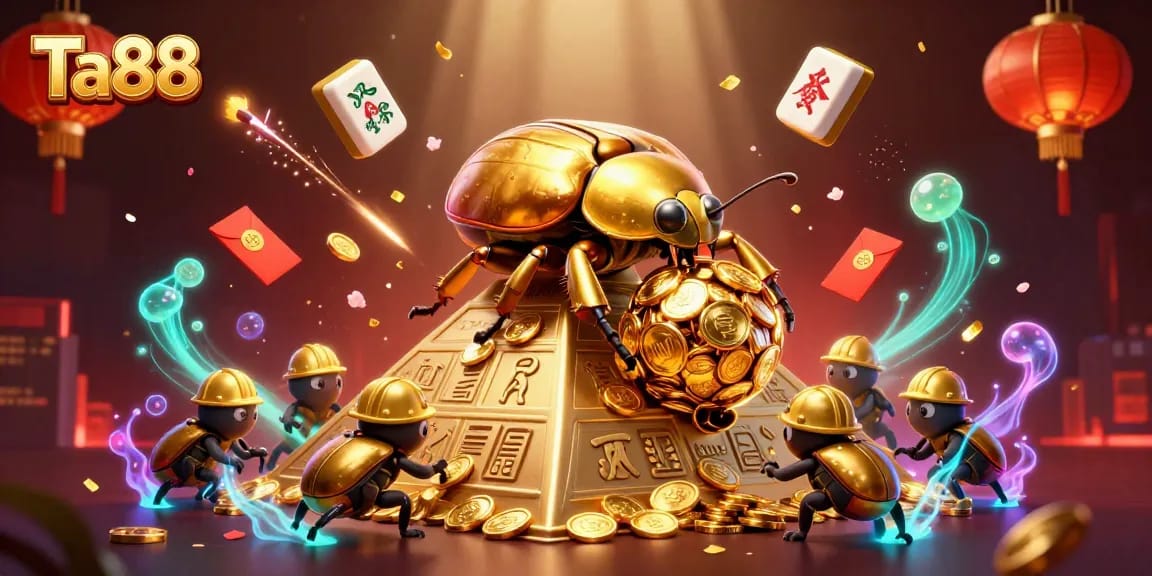 Experience the vibrant Ta88 online casino world with a golden beetle rolling coins amidst festive elements.