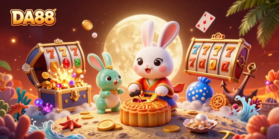 Experience the thrill of DA88 with vibrant moon rabbits and lively slot elements in this 3D casino illustration.