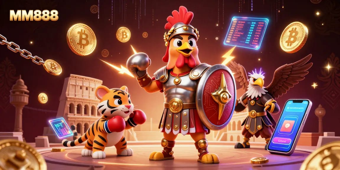 Experience thrilling action with MM888 as the gladiator rooster battles in a vibrant casino arena.