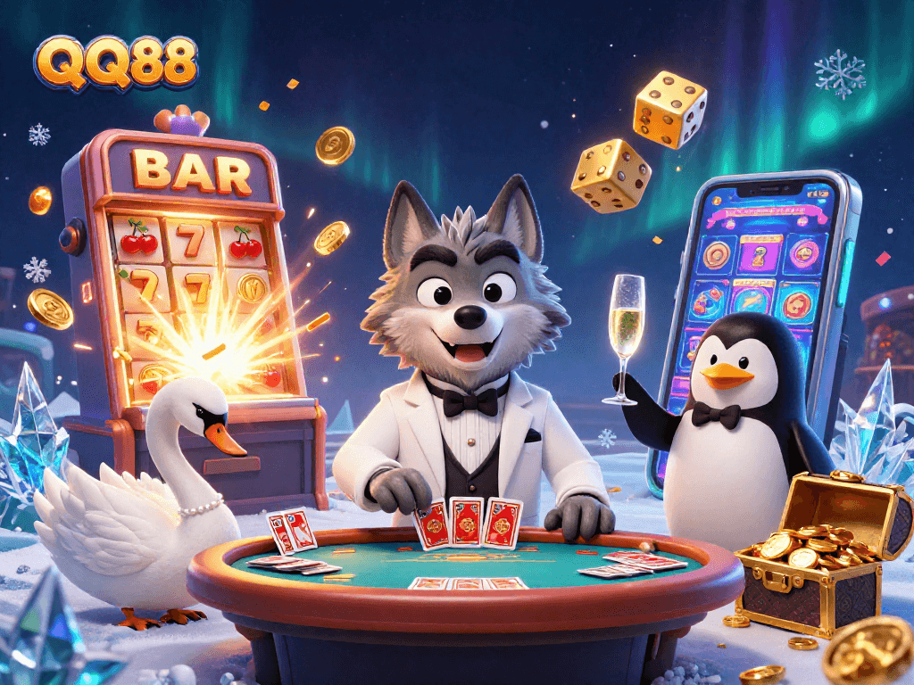 Experience thrilling moments at QQ88 with a debonair wolf, elegant swan, and sophisticated penguin amidst dynamic casino elements.