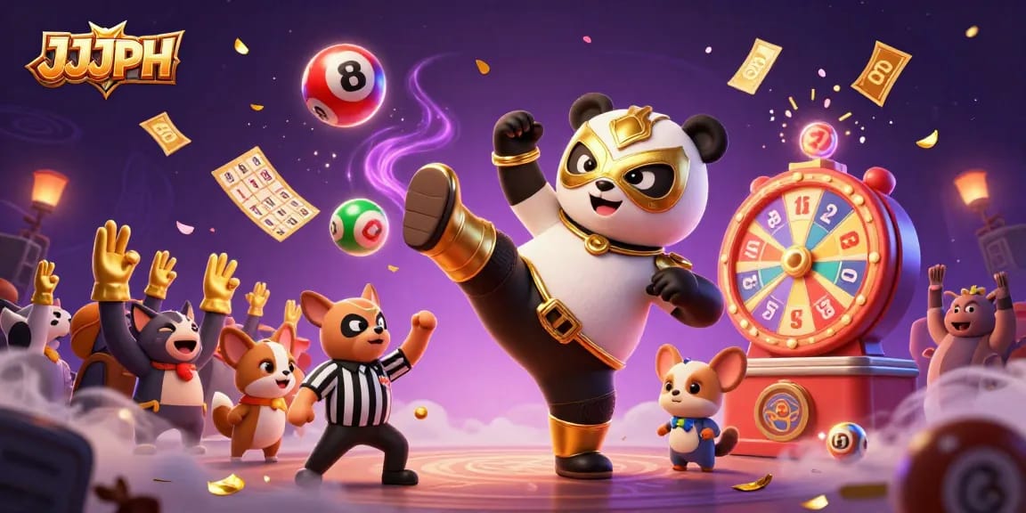 Engage with JJJPH as panda wrestler kicks in a vibrant casino scene filled with lottery excitement.