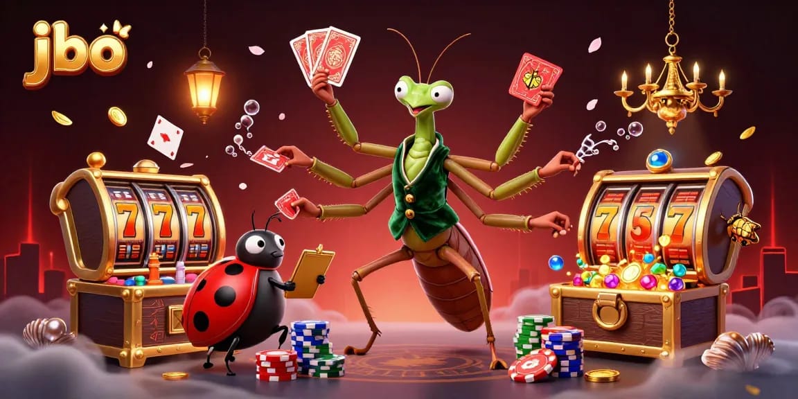 jbo features a vibrant scene with a giant mantis and ladybug, showcasing dynamic casino elements.