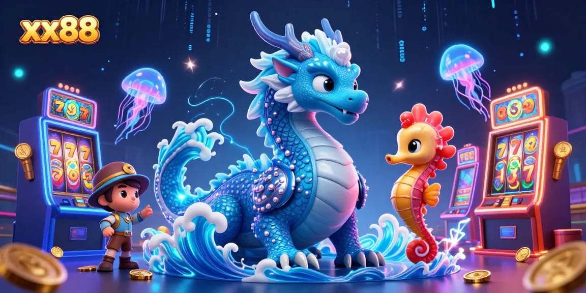 Engage in thrilling gameplay at xx88, featuring a majestic water dragon and neon slot machines.