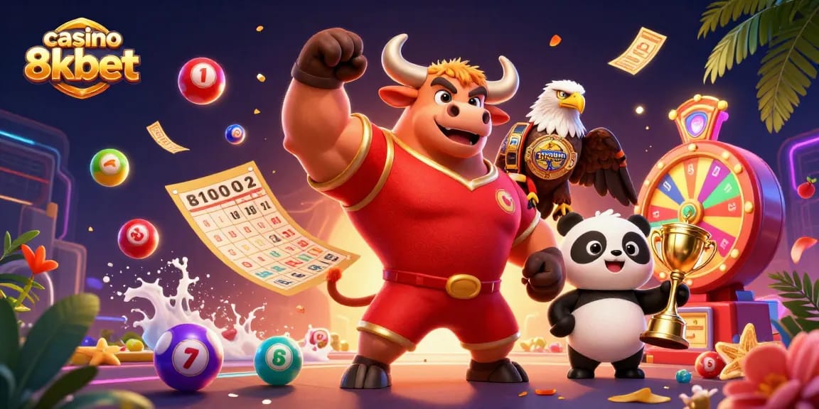 Experience the excitement at casino 8kbet with dynamic 3D characters amid vibrant gaming elements.