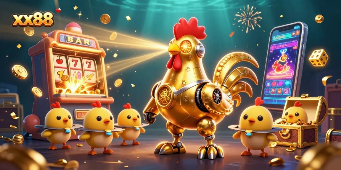 xx88 gaming scene showcasing a golden rooster robot amidst a jackpot explosion and vibrant casino elements.