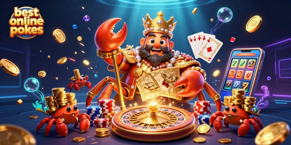 Experience the best online pokies with a vibrant illustrated scene featuring a crab emperor in a casino.
