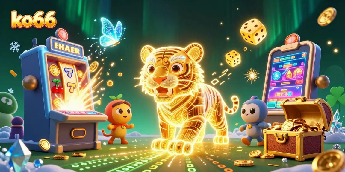 Experience excitement with ko66's dynamic casino scene featuring a golden tiger and jackpot elements.