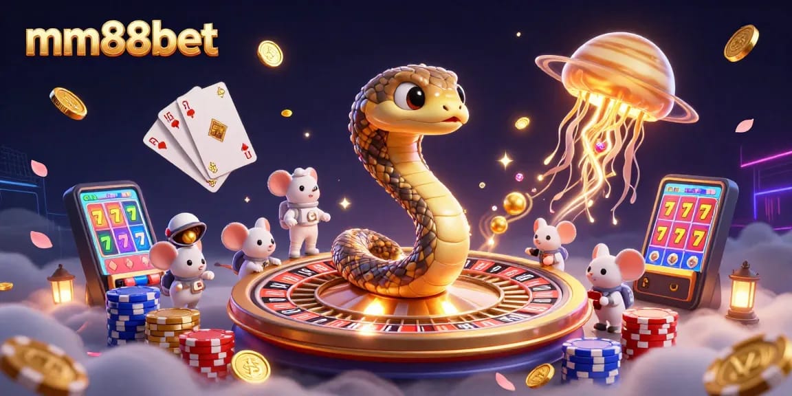 Experience the excitement of mm88bet casino with astronaut mice betting on a roulette wheel.