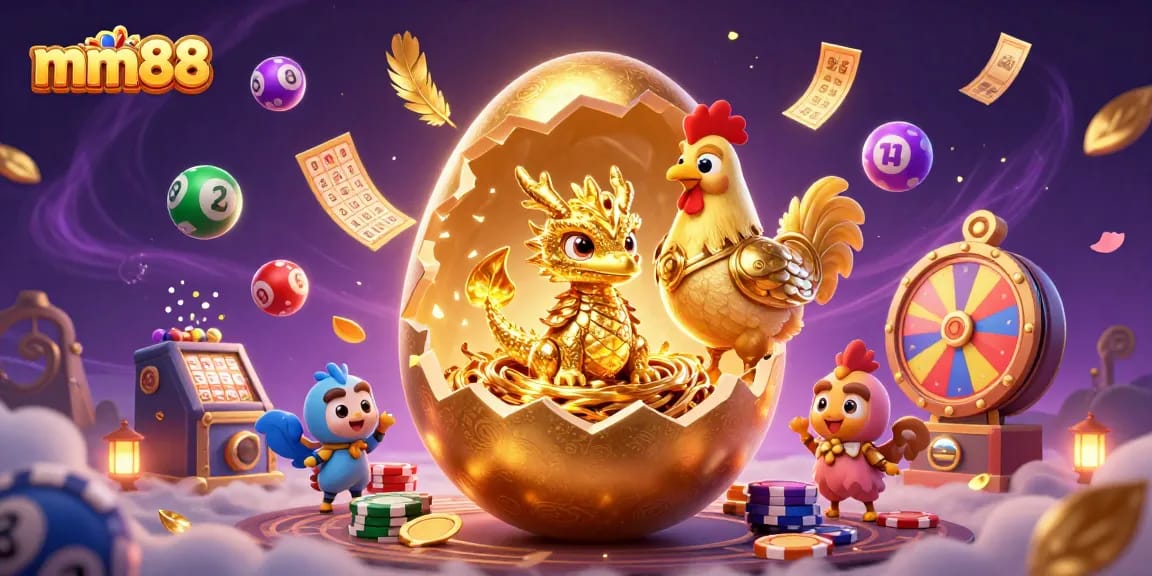 Experience the thrilling mm88 gaming world with a magical golden dragon and vibrant casino elements.