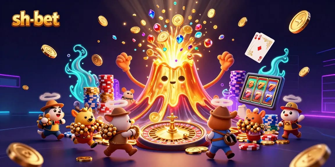 Score big wins with sh-bet at this exciting 3D casino illustration featuring a triumphant volcano and treasure-filled scene.