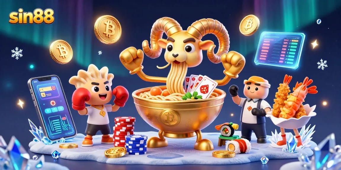 Experience thrilling gameplay with sin88's vibrant casino scene featuring a lively ramen bowl dealer and vibrant crypto elements.
