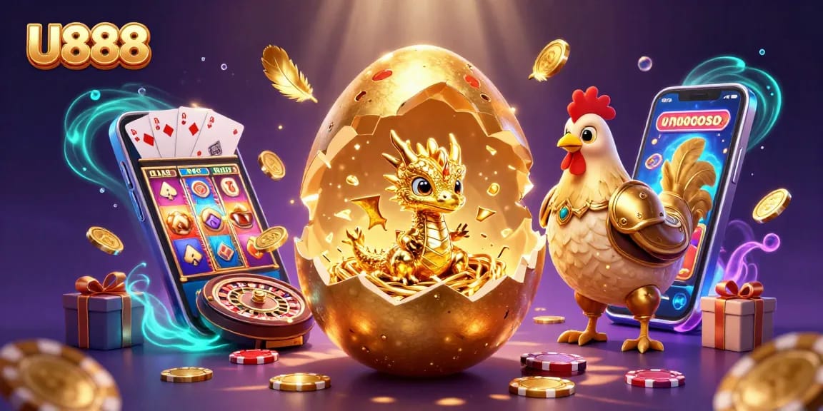 U888 showcases a golden baby dragon atop poker chips while glowing game elements surround in vibrant excitement.