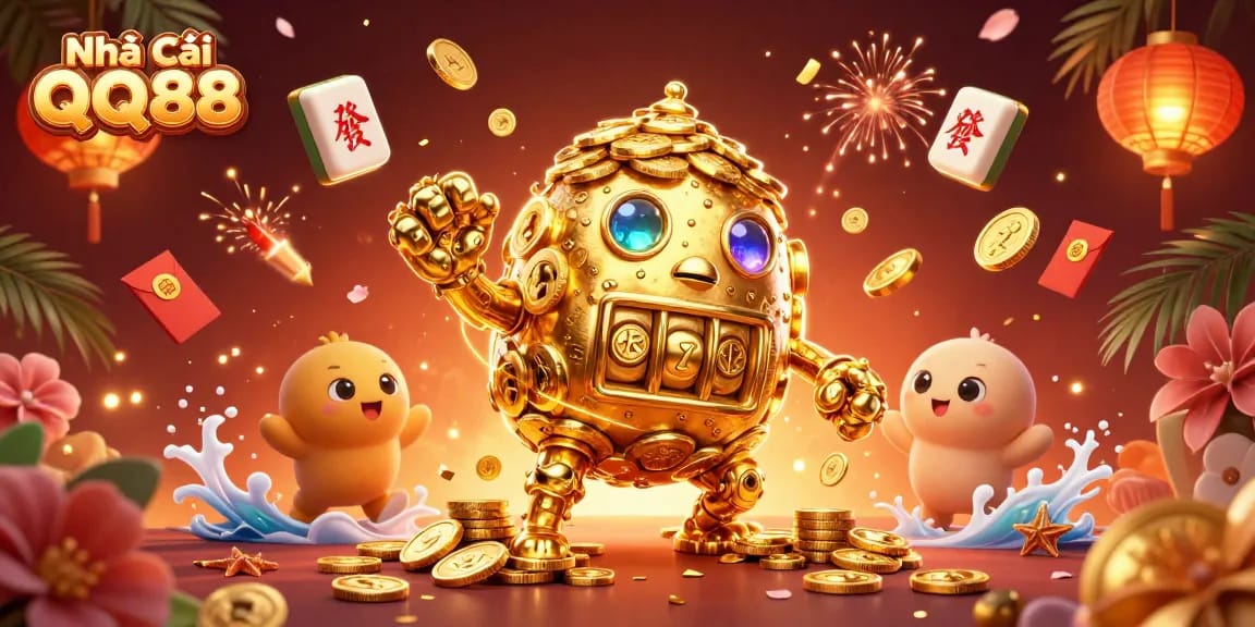 Engage with high-stakes gameplay at Nhà Cái QQ88 featuring a dynamic golden golem and vibrant casino elements.