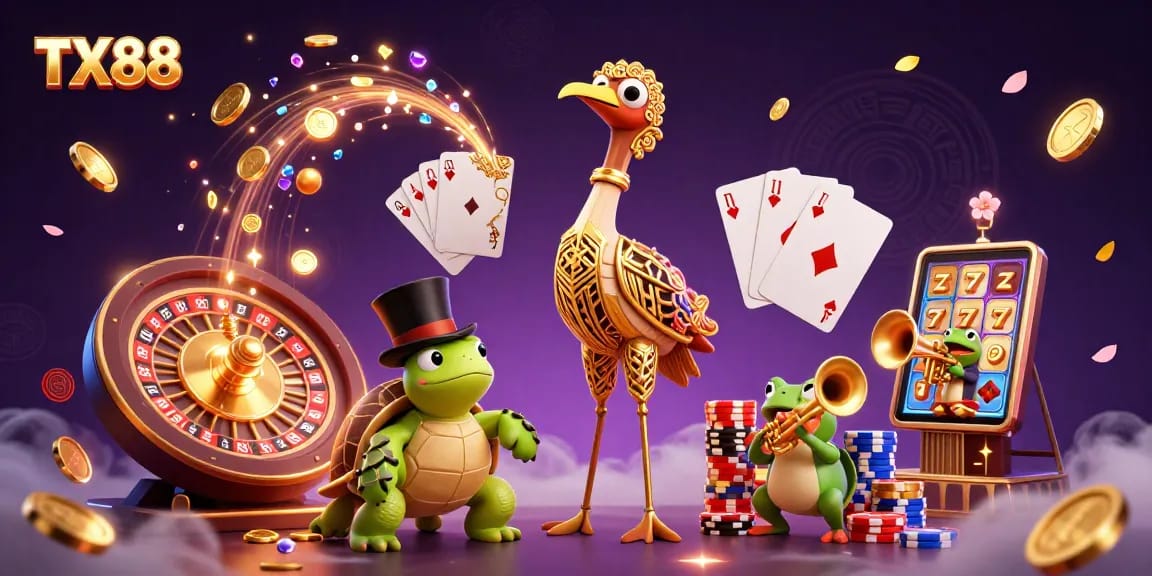 Experience the thrill at TX88 with vibrant casino illustrations featuring dynamic characters and exciting game elements.