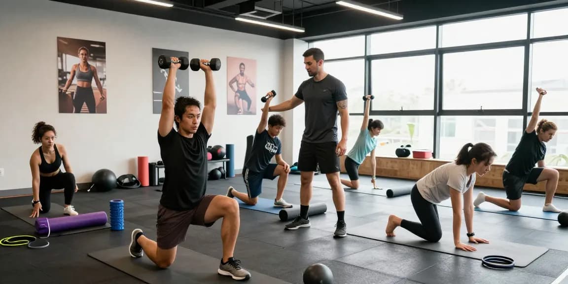 Amino acid benefits emphasized in fitness training session with energetic participants using dumbbells and yoga mats.