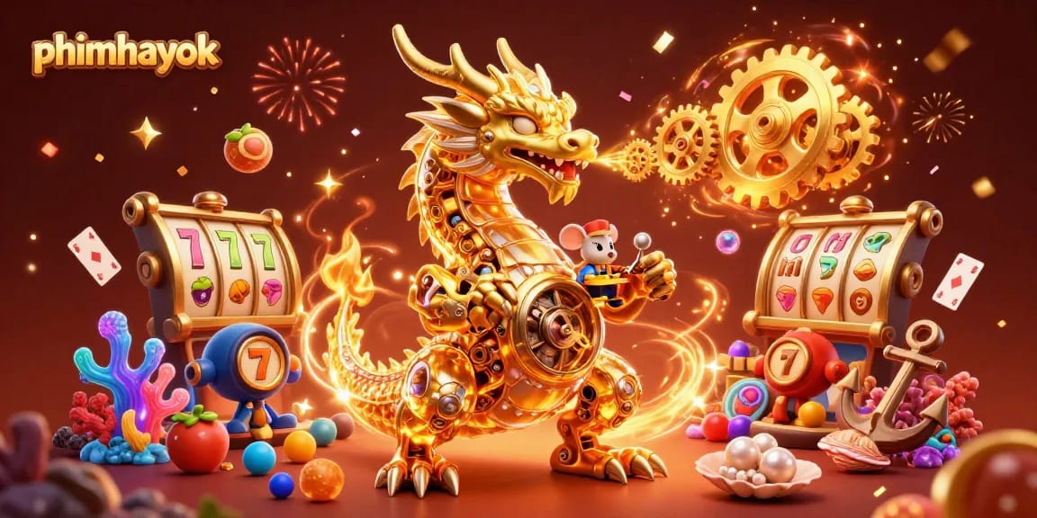 Engage with phimhayok's thrilling gaming experience featuring vibrant slot reels and dynamic game elements.