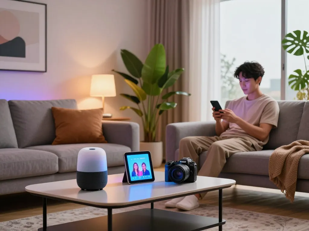 Engaging scene featuring tech gadgets for home in a modern living room setting.