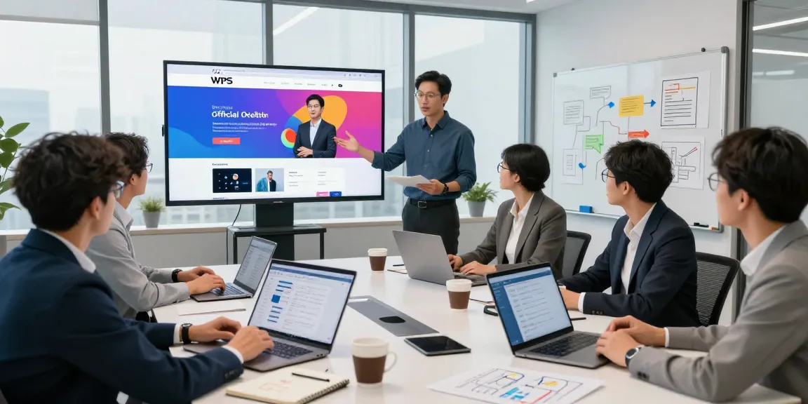 Team collaboration in a modern office showcasing the WPS Official Website on screen.