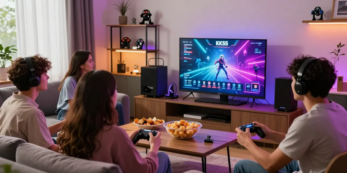 Exciting KK55 gaming session in a modern living room with friends enjoying multiplayer.
