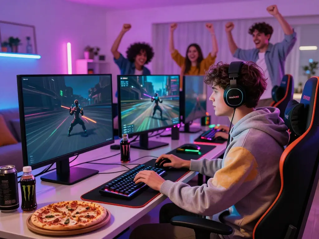 Exciting gaming setup featuring a gamer in rokok88 hoodie, showcasing accessories and snacks.