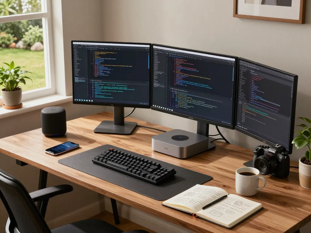 Developer using mac mini in a modern home office with coding setup and tech gadgets.