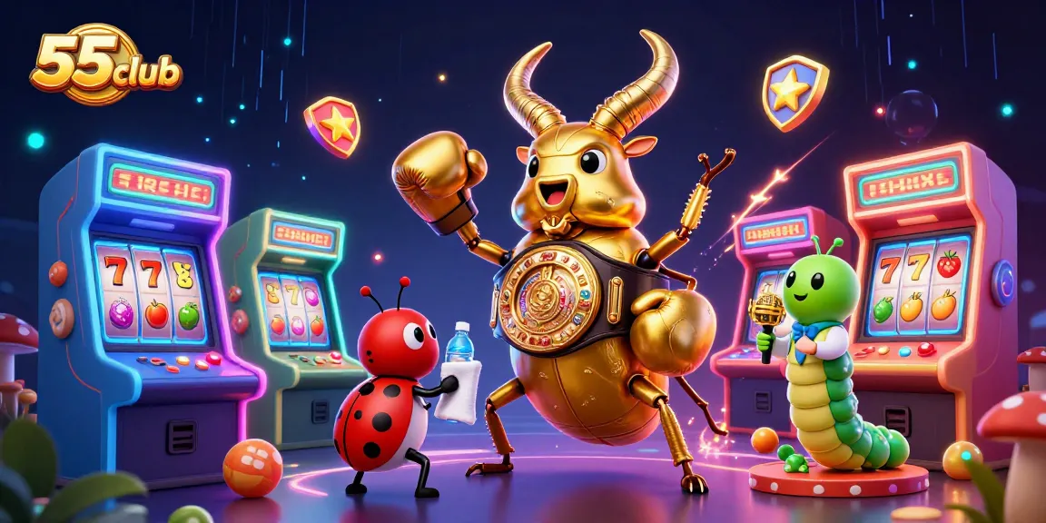 Exciting 55club scene with a golden stag beetle battling with arcade games and slot elements