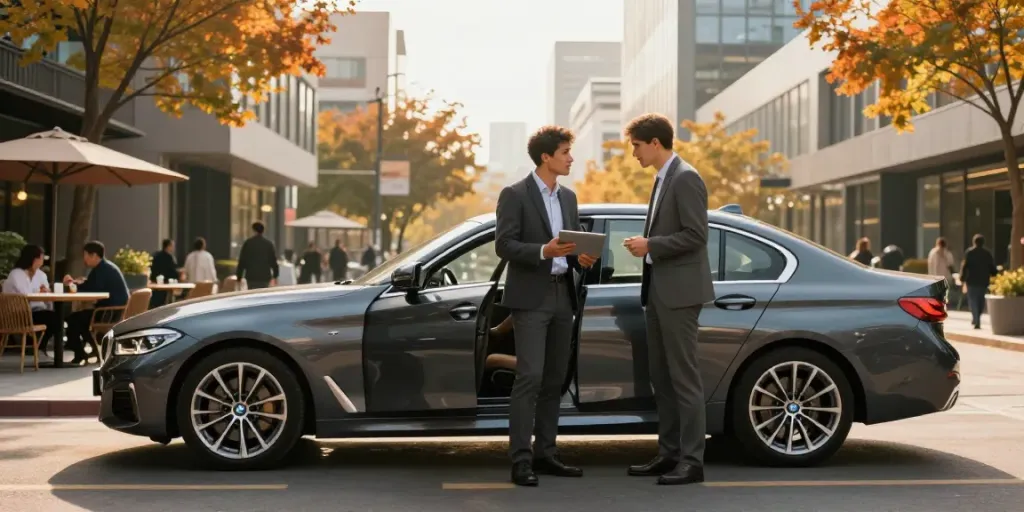 Noleggio lungo termine BMW con un'auto elegante parcheggiata in un contesto urbano, professionista scende dall'auto discutendo opzioni.