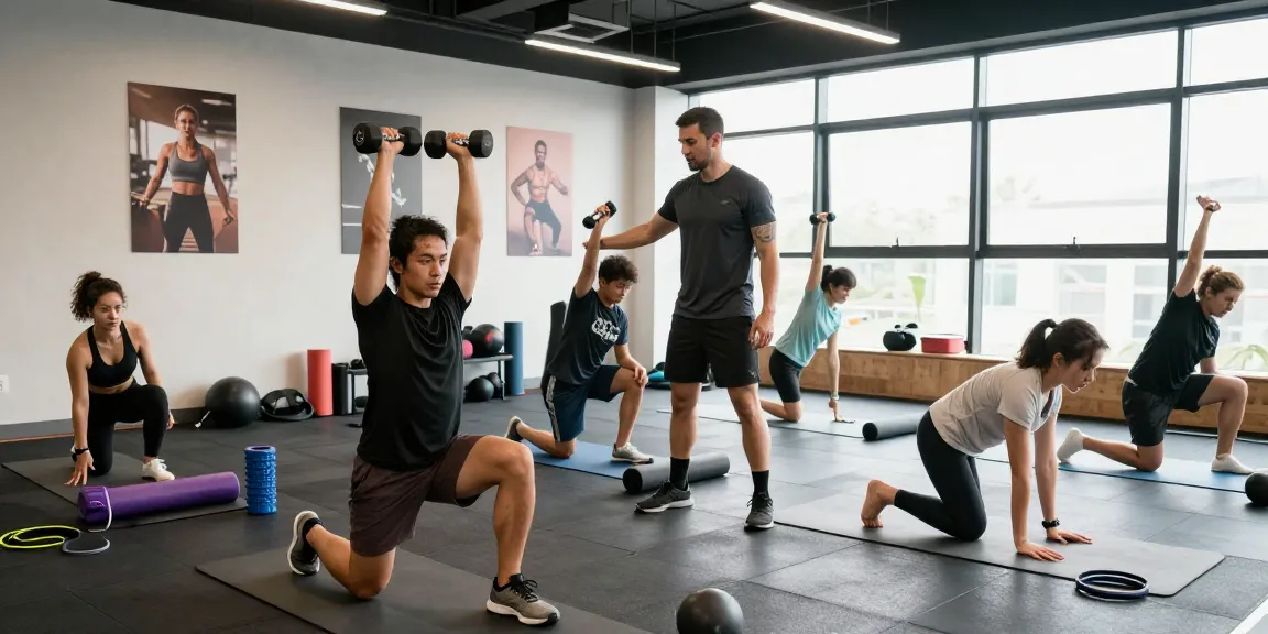 Amino acid benefits emphasized in fitness training session with energetic participants using dumbbells and yoga mats.