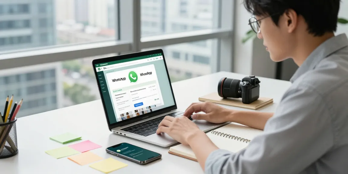 Using WhatsApp網頁版 in a modern office workspace with laptop and smartphone.