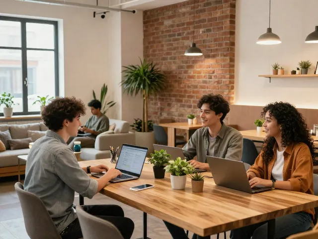Co-living space where young professionals discuss and enjoy rokok 88 atmosphere.