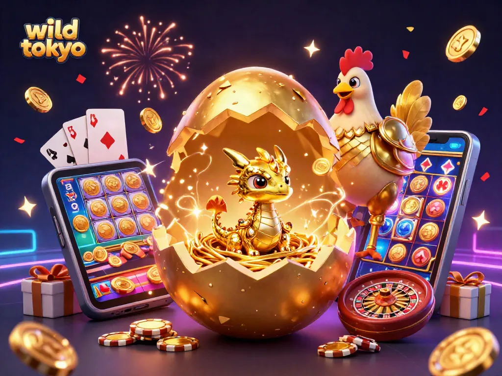 Experience the excitement of wild tokyo with a magical golden dragon and vibrant casino elements.