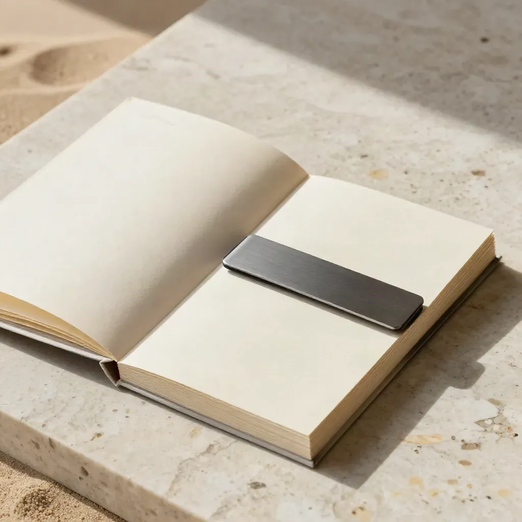 Folio report mensile piegato con tessere sync e carte bianche su lastra chiara.