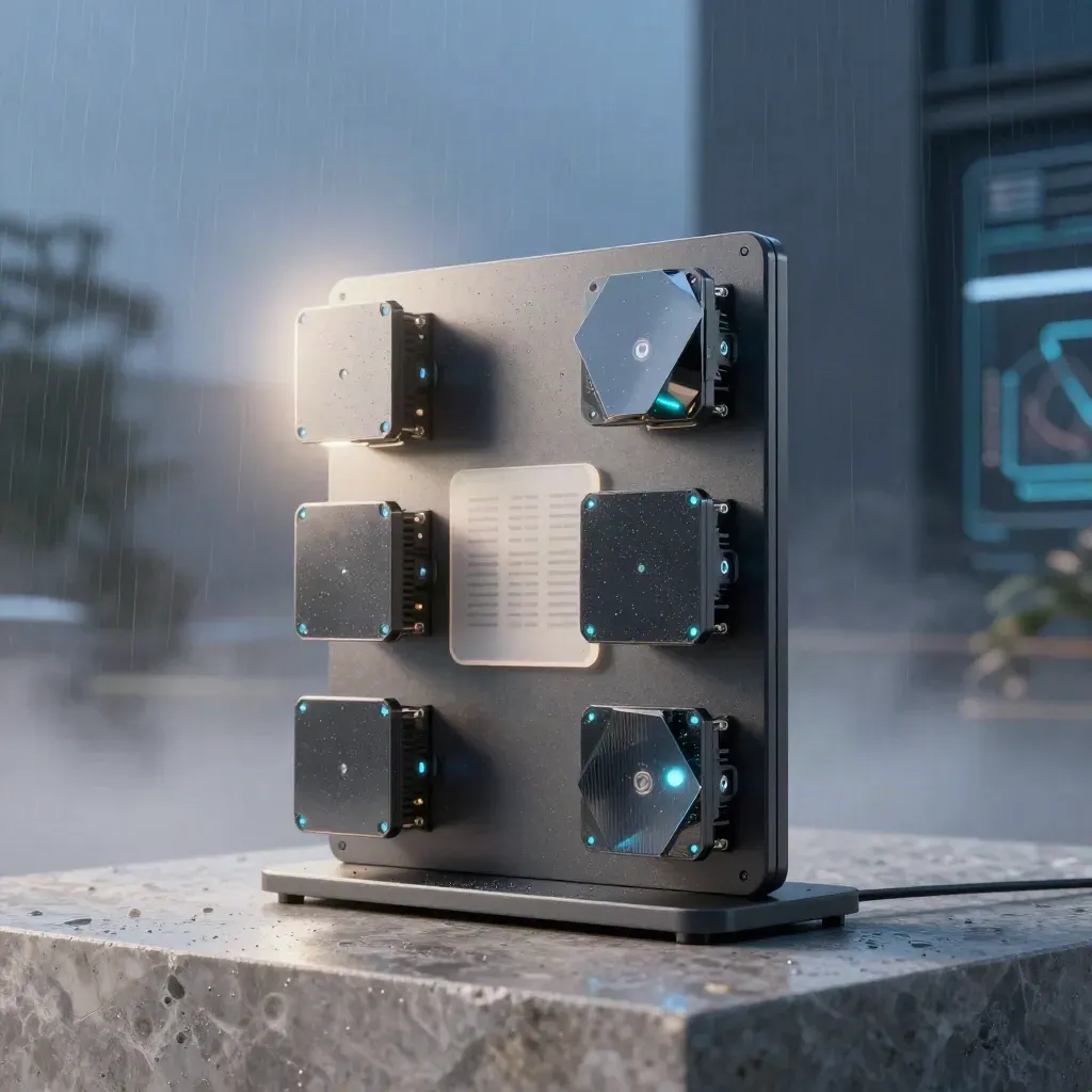 Monolito analitico in vetro grafite con moduli satelliti, luce blu e riflessi ciano su pietra bagnata.