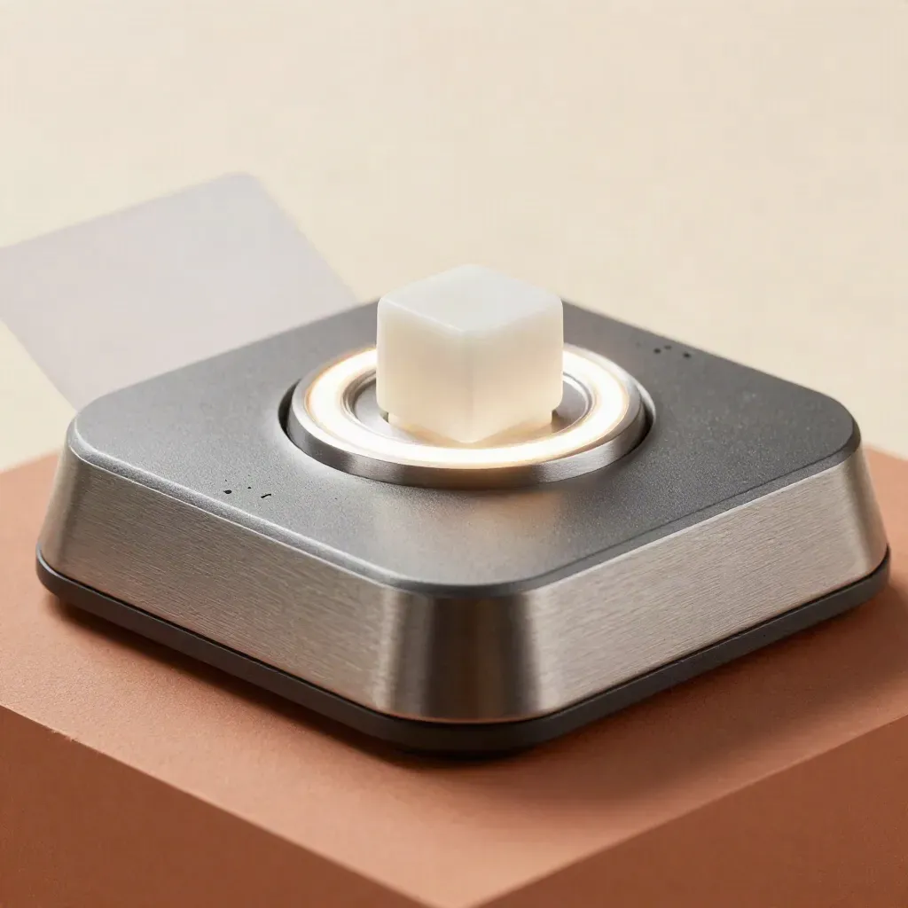 Beacon di allerta in macro con anello luminoso e cubo bianco su base spezzata.