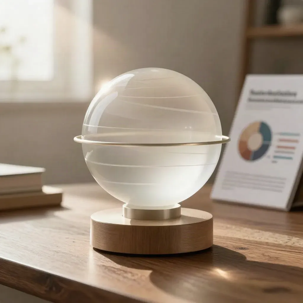 Sfera previsionale traslucida su piedistallo, in un ambiente luminoso e minimale.