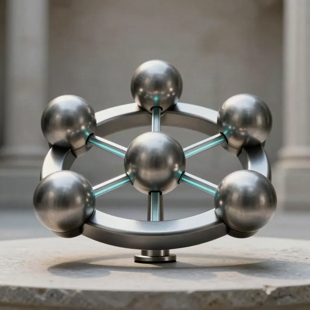 Hub dati multi-sede in anello con cinque nodi, luce ciano su fondo chiaro.