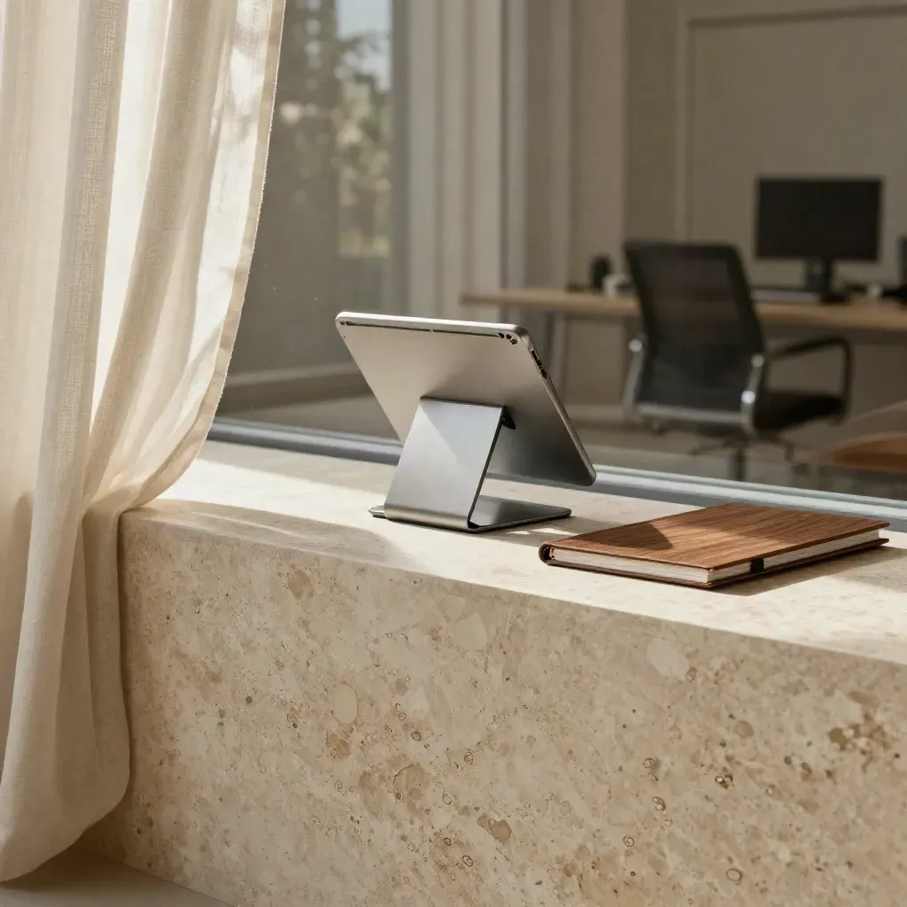 Piano in travertino con tenda di lino e vetro sfocato, luce mattutina calda e atmosfera elegante.