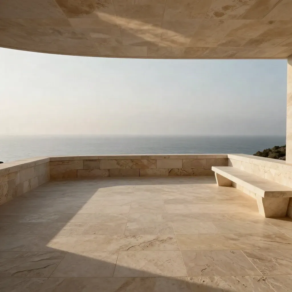 Patio in pietra calcarea al tramonto, ombre a righe e mare velato sullo sfondo.