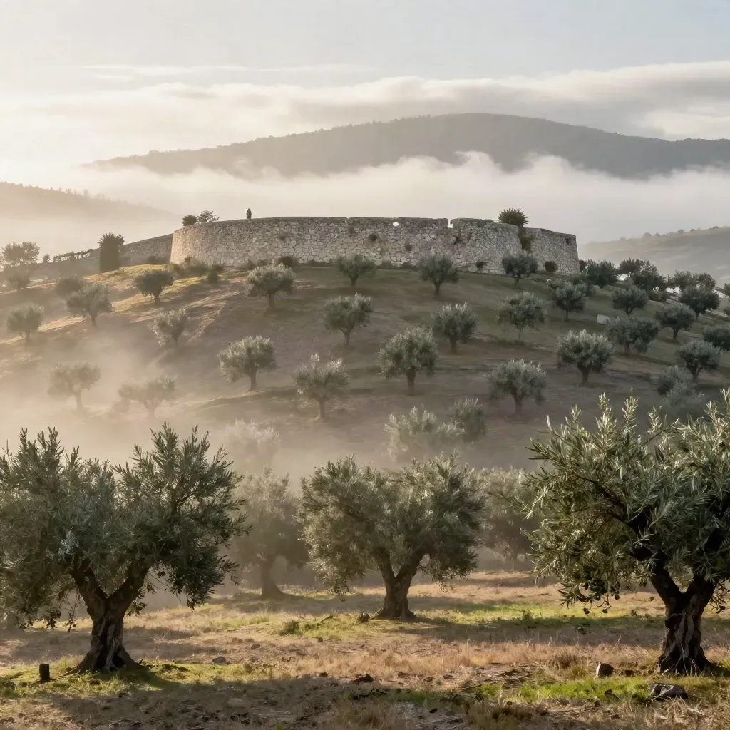 Collina di ulivi al sorgere del sole con muro di pietra e foschia morbida.