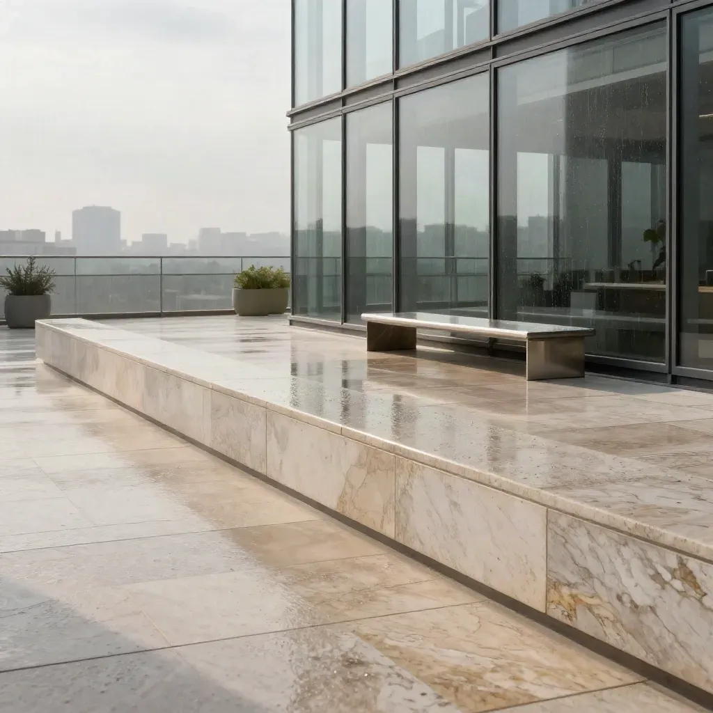 Terrazza d’ufficio milanese in pietra chiara, vetri piovosi e skyline sfocato in luce morbida.