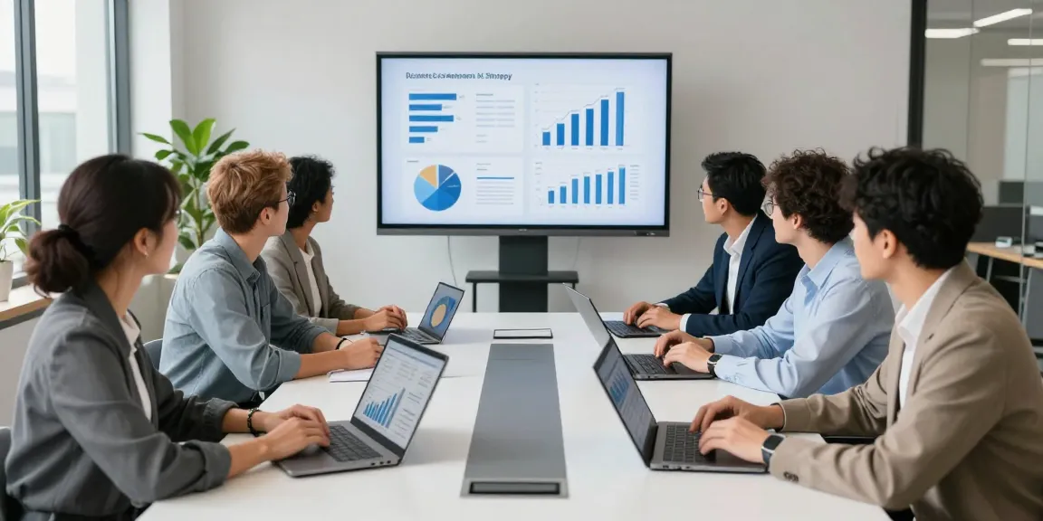 Business mobile comparison UK meeting with professionals analyzing data and collaborating in a modern office.