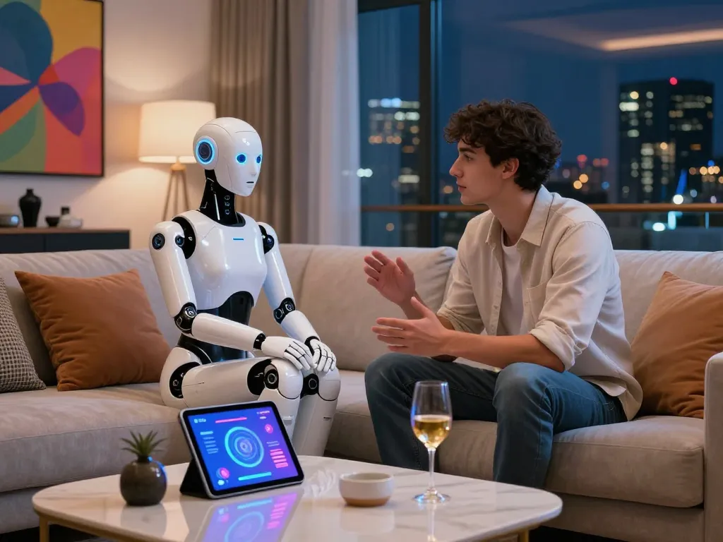 The interaction between an AI-driven sex bot and a human partner in a luxurious apartment, exemplifying modern companionship.