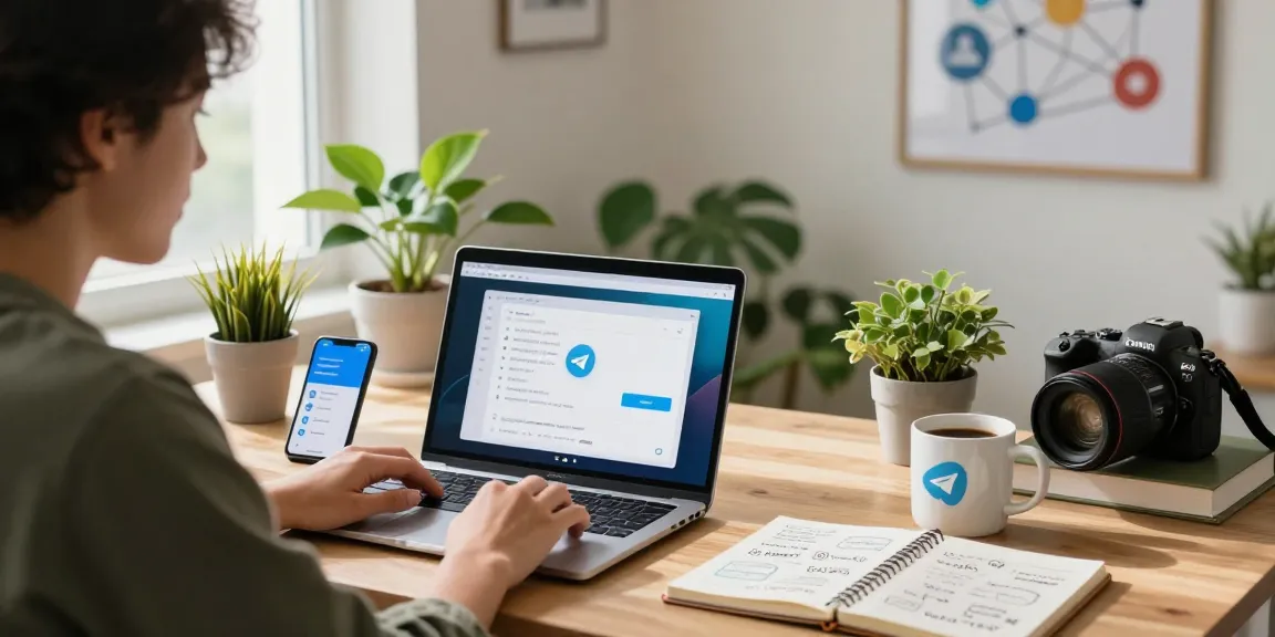 Download Telegram on your devices while enjoying a productive workspace with tech gadgets and vibrant plants.