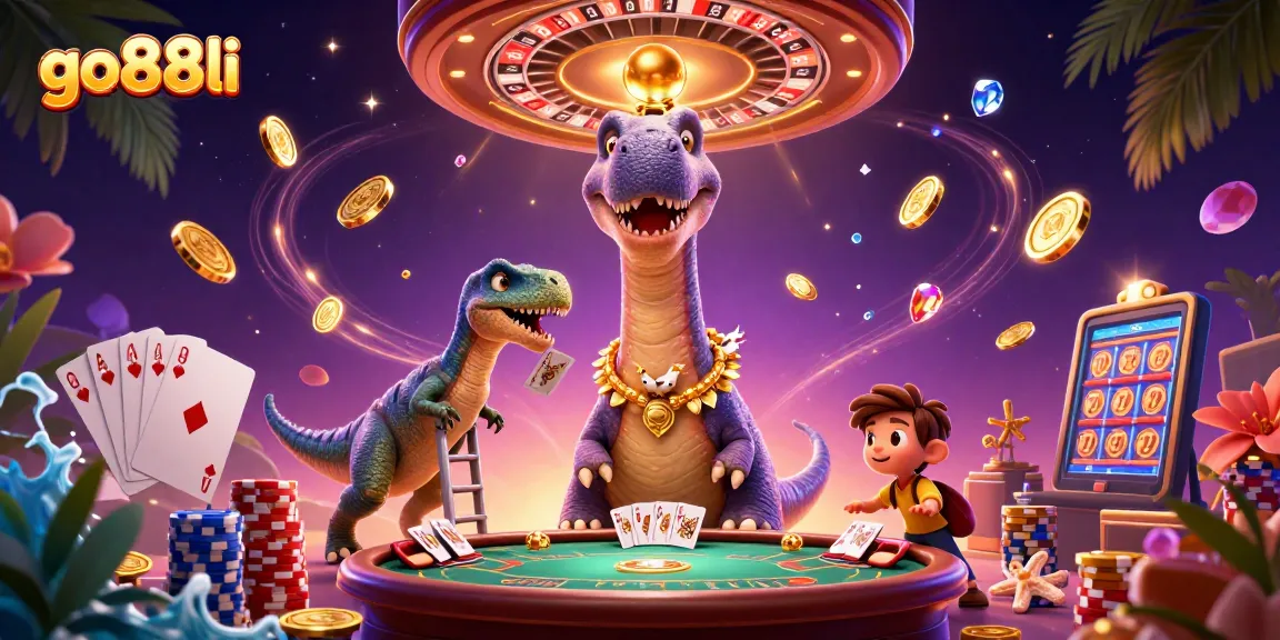 Experience exciting gameplay at go88li with a dynamic casino scene featuring a playful dinosaur.