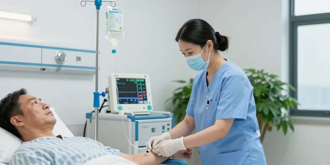 Skilled nurse performing IV catheter insertion in a calming hospital setting.